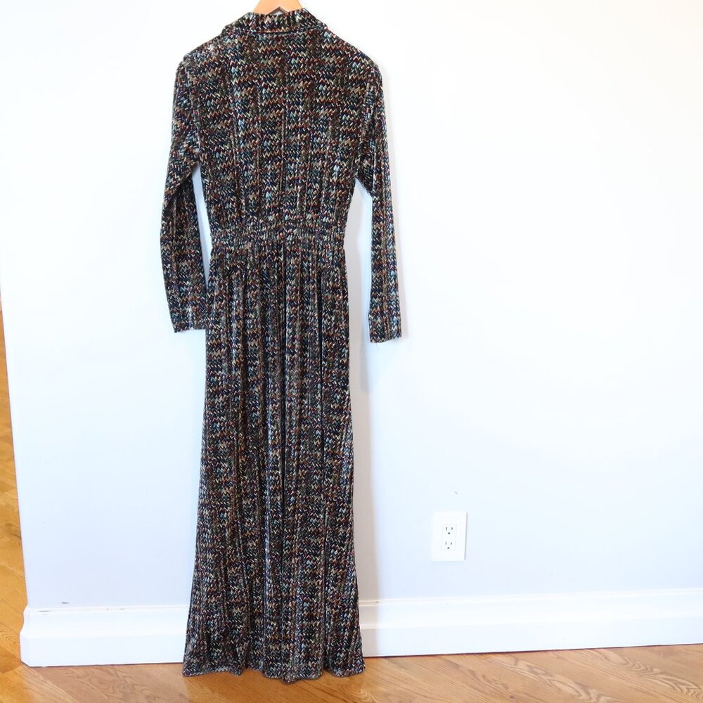 STRETCH VELVET VELOUR MAXI DRESS long faux wrap multicolor chevron print evening - Picture 3 of 11